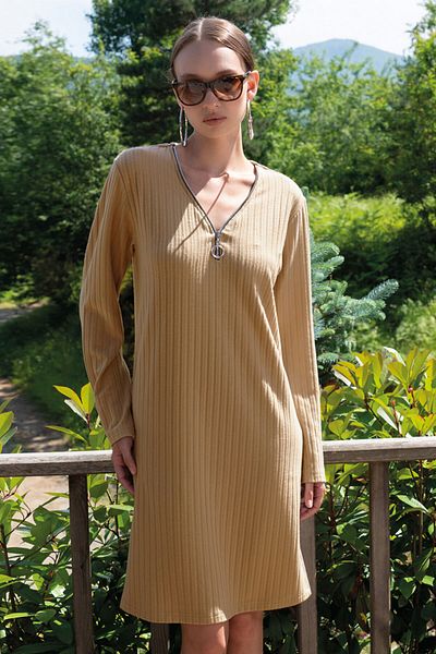 VİENETTA Women's Polyviscon Camisole Zipper Collar Long Sleeve Dress, 405061