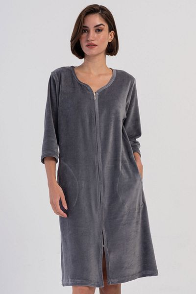 VİENETTA Women's Velvet Zippered 3/4 Sleeve Home Dress, 408262