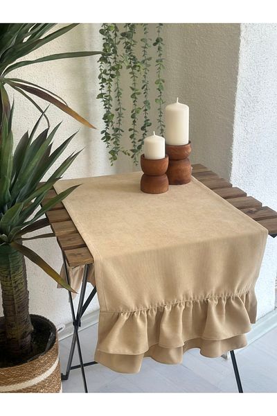 Decamor home Vintage Velvet Textured Worry-Free Double Layer Ruffled Beige Runner
