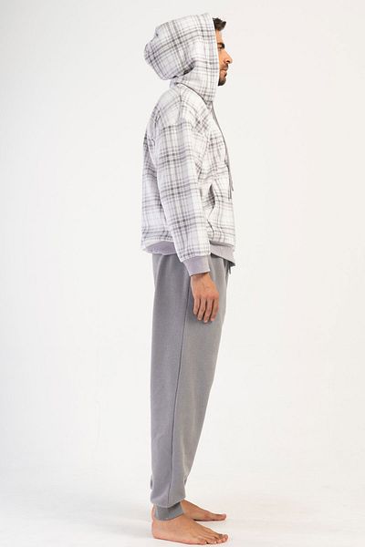 VİENETTA Men's Fleece Hooded Drop Shoulder Long Sleeve Zippered Kangaroo Pajama Set, 403069