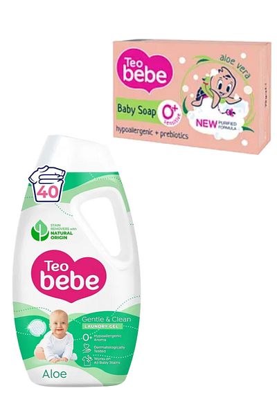 TEO BEBE DETERGENT LICHID Gentle & Clean Aloe (Verde), 1.8L și SĂPUN BEBE BABY Aloe (75gr x 3buc)