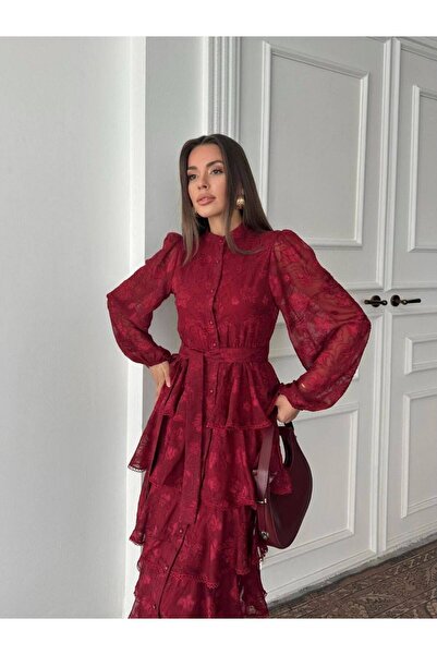 Housebutik Volanlı Şeritli Katkat Abiye