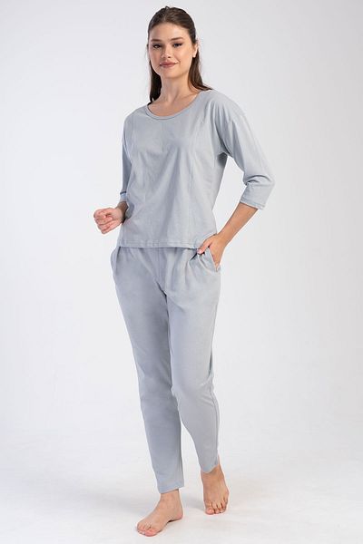 VİENETTA Cotton Women's Off Shoulder 3/4 Sleeve Pleated Pajama Suit, 403188