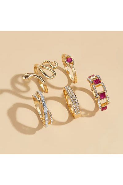 Takıtolia Solea - 5 Pieces Shiny Pink Stone Snake Figured Design Retro Stylish Multiple Gold Gold Ring Set