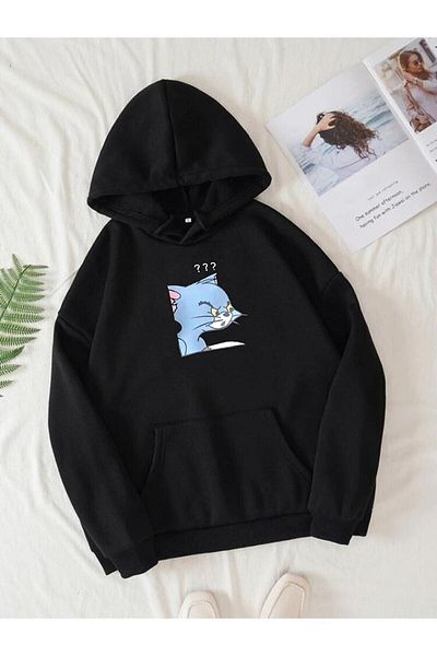 Pisa Art Φούτερ με κουκούλα Unisex Tom Printed Μαύρο Oversize
