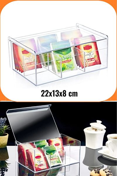 EZMK EV GEREÇLERİ Box up Plastic 6 Compartment Tea Bag Storage Box - Tea Bag Box, Herbal Tea Box, Transparent Color
