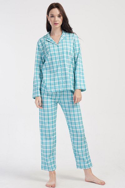 VİENETTA Cotton Women's Collared All Buttoned Long Sleeve Pajama Suit, 403351