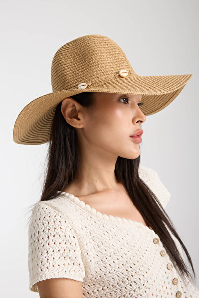 Moda Days Pălărie de plajă din paie de cămilă cu detaliu de scoici de mare și...