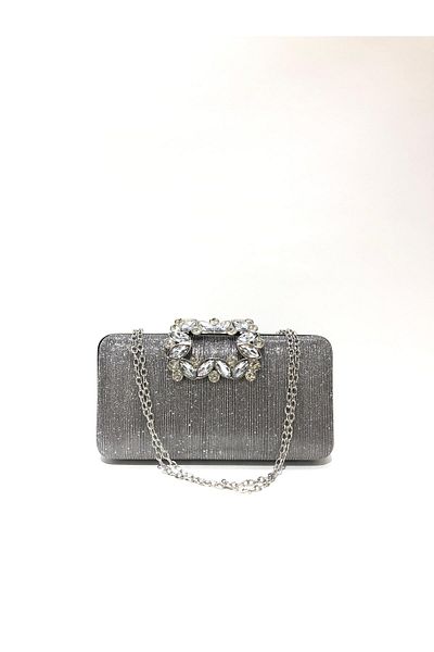 womenacs Rochie de seară de culoare platină din țesătură cu laser cu flori de piatră, cu mână și curea, pochette de seară