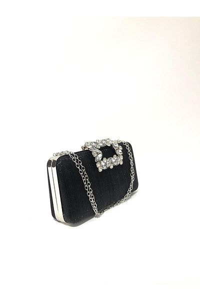 womenacs Rochie de seară de culoare neagră din țesătură cu laser cu flori de piatră, de mână și cu curea, pochette de seară