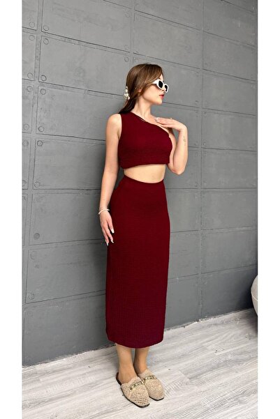 Butik Merrline Women's Babil Model Gagari Fabric One Shoulder Blouse Crop Slit Back Skirt Bottom Top Double Set