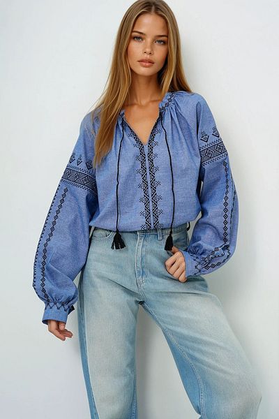 VAGGON Γυναικείο γιακά Navy Blue Judge με κορδόνια με λεπτομέρεια κεντημένη υφαντή μπλούζα Prmx14119