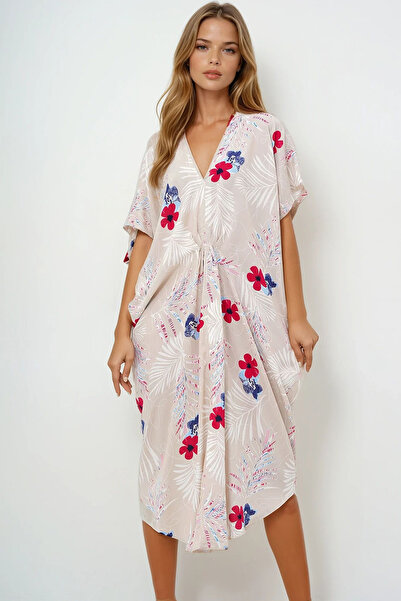 VAGGON Γυναικείο μπεζ μοτίβο με λαιμόκοψη με λαιμόκοψη καλοκαιρινό μάξι φόρεμα Prmx14087