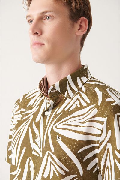 Avva Men's Khaki 100% Cotton Printed Short Sleeve Shirt A31Y2240