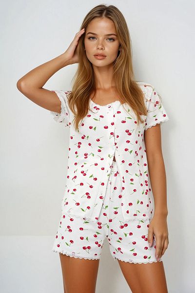 VAGGON Scallop Detailed Cotton Wide Collar Shirt and Shorts Pajama Set