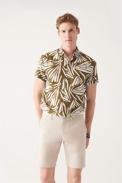 Avva Men's Khaki 100% Cotton Printed Short Sleeve Shirt A31Y2240