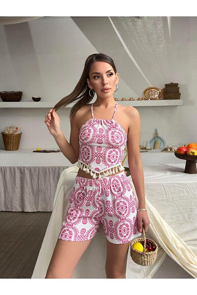 Jeevee Ethnic Patterned Tasseled Summer Shorts Set