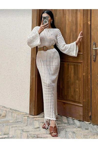 K-ODEA BUTİK Women's Summer Bohemian Hole-Through Knitwear Dress