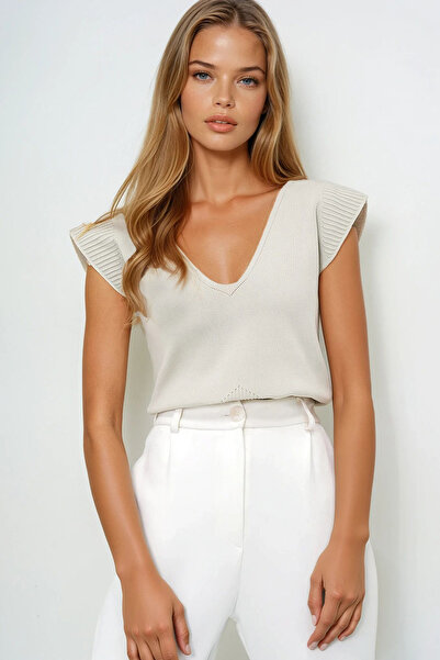 VAGGON Women's Stone Front Back V-Neck Summer Knitwear Blouse Prmx14051