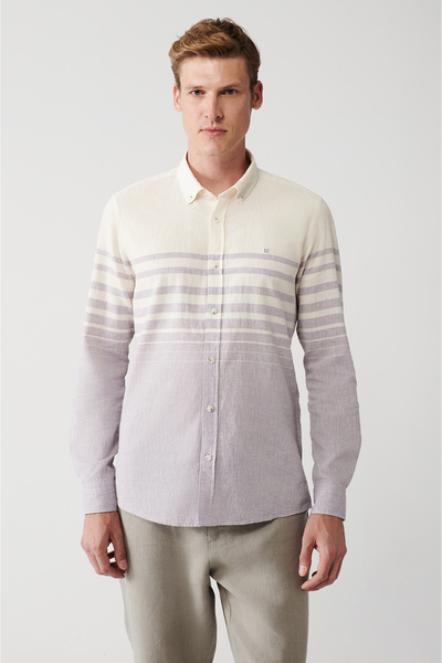 Avva Erkek Açık Mor Pamuk Keten Karışımlı Çizgili Gömlek A31Y2268