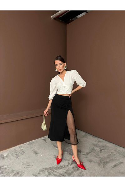 Jeevee Black Mesh Detailed Slit High Waist Midi Skirt