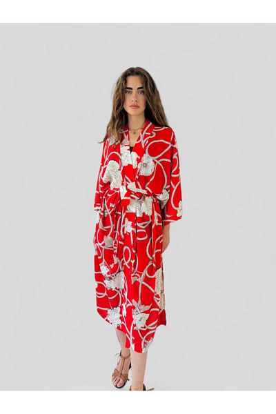 Retrobird Design Patterned Long Kimono Women Red