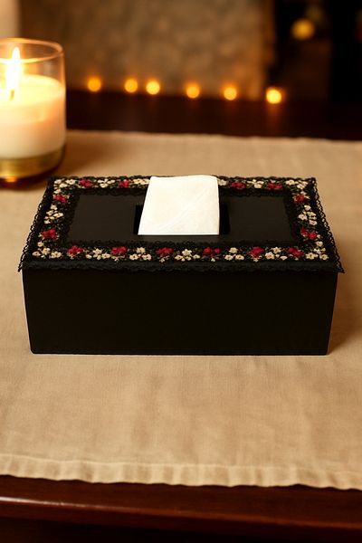 Fun Life Handmade Wooden Handkerchief Box with Lace Detail - Black