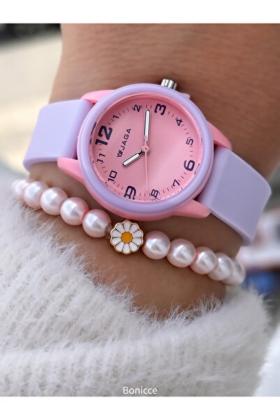 Jaga Havuz Deniz kullanımına Uygun Mor Silikon Kordon Kız Çocuk Rakamlı Kol Saati+ Papatya Bileklik