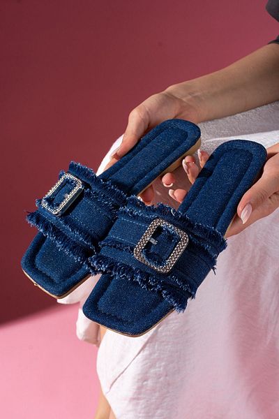 FUGA MODA Clara Navy Blue Denim Fabric Single Strap Silver Buckle Detailed Slippers