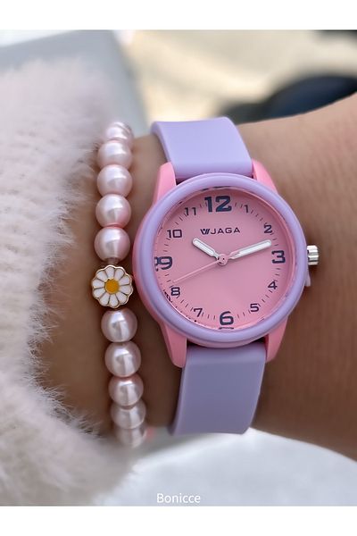 Jaga Purple Silicone Cord Suitable for Pool and Sea Use Girls' Numbered Wristwatch + Daisy Bracelet