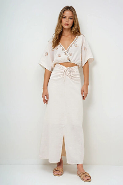 VAGGON Double Breasted Collar and Seashell Embroidered Crop Muslin Blouse and Lined Skirt Set