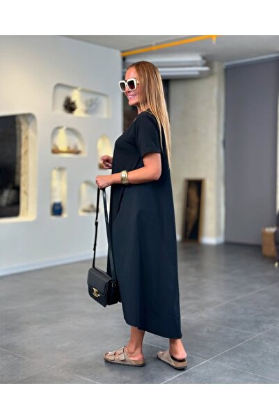 Viyamo New Season Women's Short Sleeve Crew Neck Asymmetrical Cut Front Viscose Back Trikoton Dress