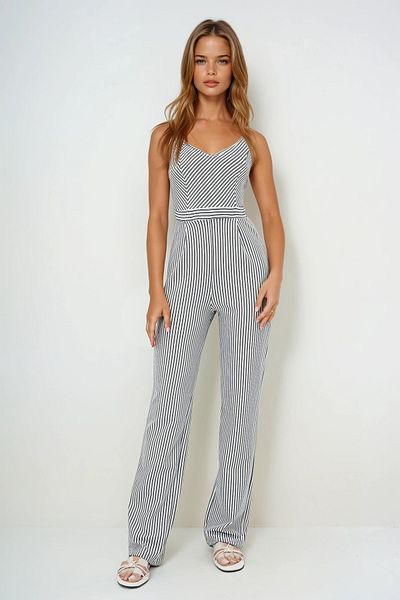 VAGGON Women's White Striped Back Cross Strap Pleat and Pens Detailed Summer Jumpsuit Prmx13892