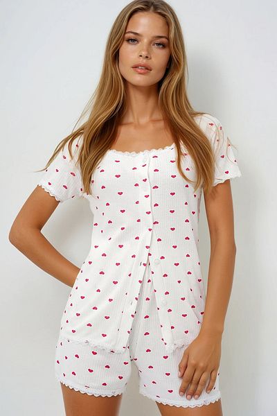 VAGGON Scallop Detailed Cotton Wide Collar Shirt and Shorts Pajama Set