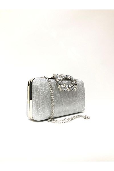 womenacs Rochie de seară de culoare argintie din țesătură cu laser cu flori de piatră, de mână și cu curea, pochette de seară