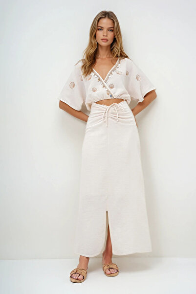 VAGGON Double Breasted Collar and Seashell Embroidered Crop Muslin Blouse and Lined Skirt Set