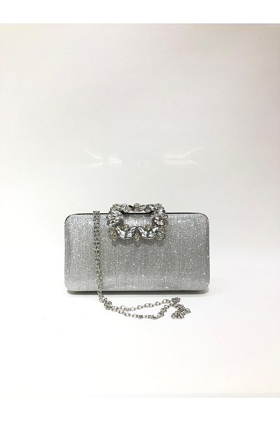 womenacs Rochie de seară de culoare argintie din țesătură cu laser cu flori de piatră, de mână și cu curea, pochette de seară
