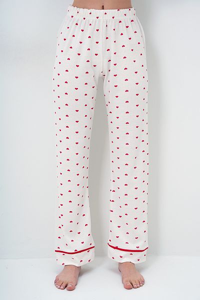 VAGGON Women's Mini Heart Red Single Pocket Piping Detailed Cotton Shirt and Pants Pajama Set