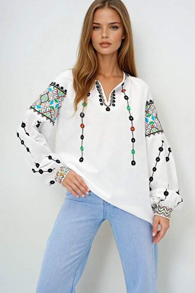 VAGGON Women's White Judge Collar Embroidered Linen Blouse Prmx14100