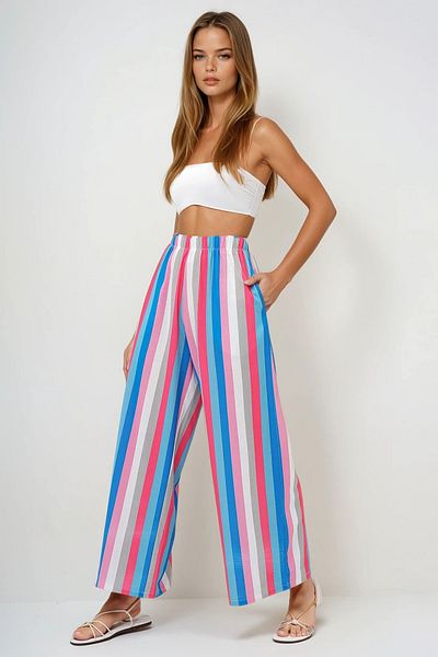 VAGGON Double Pocket Stripe Patterned Wide Leg Summer Trousers