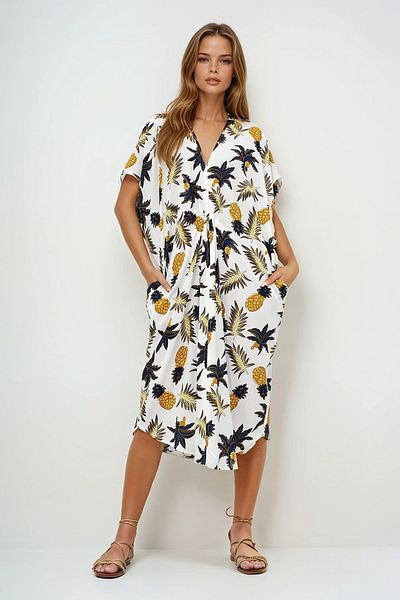 VAGGON V-Neck Patterned Summer Maxi Length Woven Dress