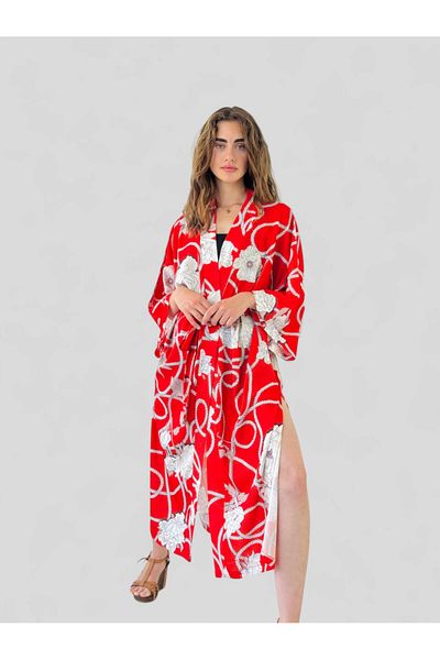 Retrobird Design Patterned Long Kimono Women Red