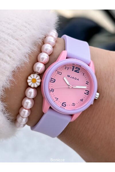 Jaga Havuz Deniz kullanımına Uygun Mor Silikon Kordon Kız Çocuk Rakamlı Kol Saati+ Papatya Bileklik