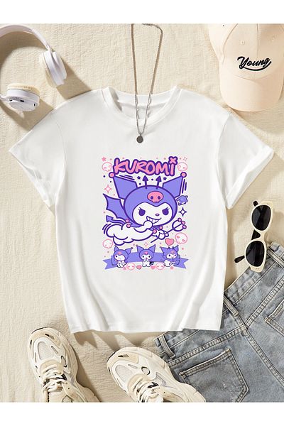 Let's Wear Tricou din bumbac pieptănat cu guler de ciclism imprimat în stil Kuromi pentru fete