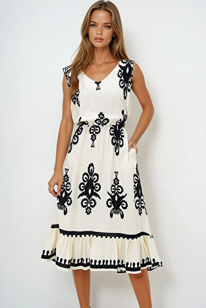 VAGGON Women's Black-Ecru Front Back V-Neck Patterned Skirt Flounced Summer Woven Dress Prmx14095