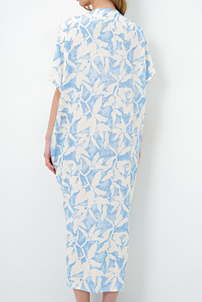 VAGGON Kadın Bebe Mavi V Yaka Desenli Yazlık Maxi Boy Dokuma Elbise Prmx14087