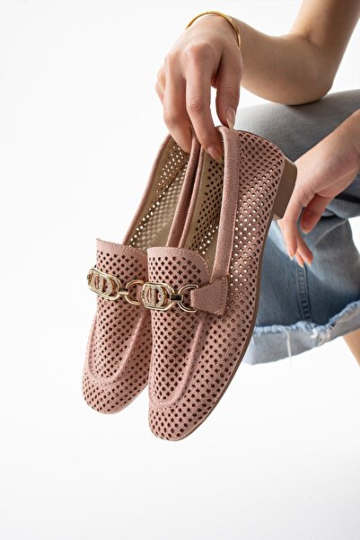 diclepolat Kadın Yazlık Delikli Loafer Günlük Ayakkabı Sariva Pudra