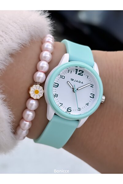 Jaga Suitable for Pool Sea Use Water Green Silicone Cord Girls' Digital Wristwatch + Daisy Bracelet