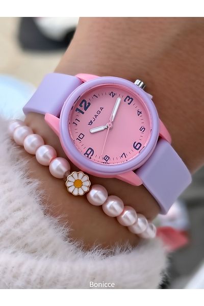 Jaga Purple Silicone Cord Suitable for Pool and Sea Use Girls' Numbered Wristwatch + Daisy Bracelet