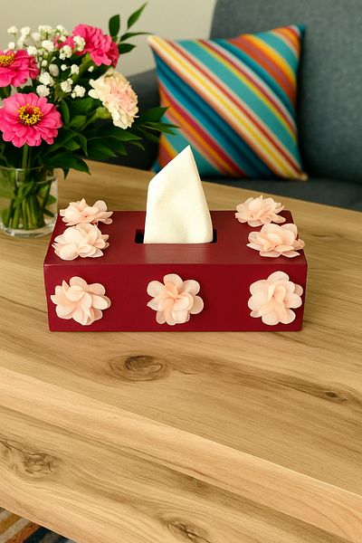Fun Life Handmade Wooden Handkerchief Box with Flower Detail - Dark Pink